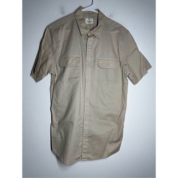 Mutual Weave Men Cotton Blend Short Sleeve Shirt Size L Beige Button Down - Picture 1 of 10
